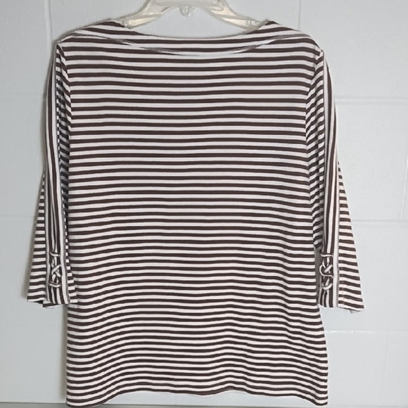 Blair Chocolate & White Striped Tee Shirt 3/4 Laced Sleeve Details - Picture 10 of 11